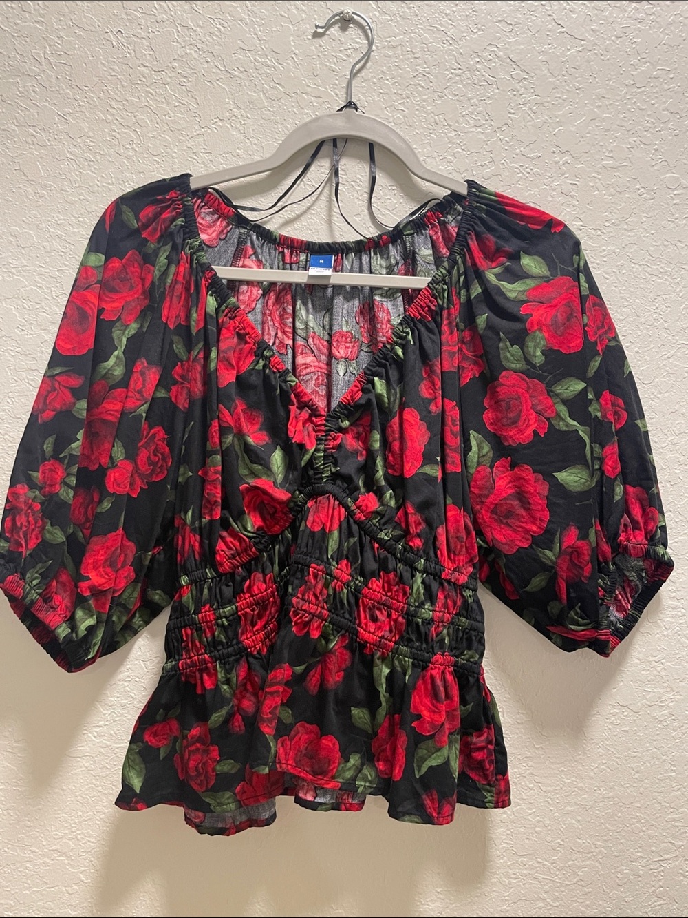 Old Navy Black Top with Red Rose Print